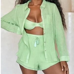 Monday Swimwear 2 Piece SET Pistachio Green La Jolla Crinkle Linen Top Shorts M